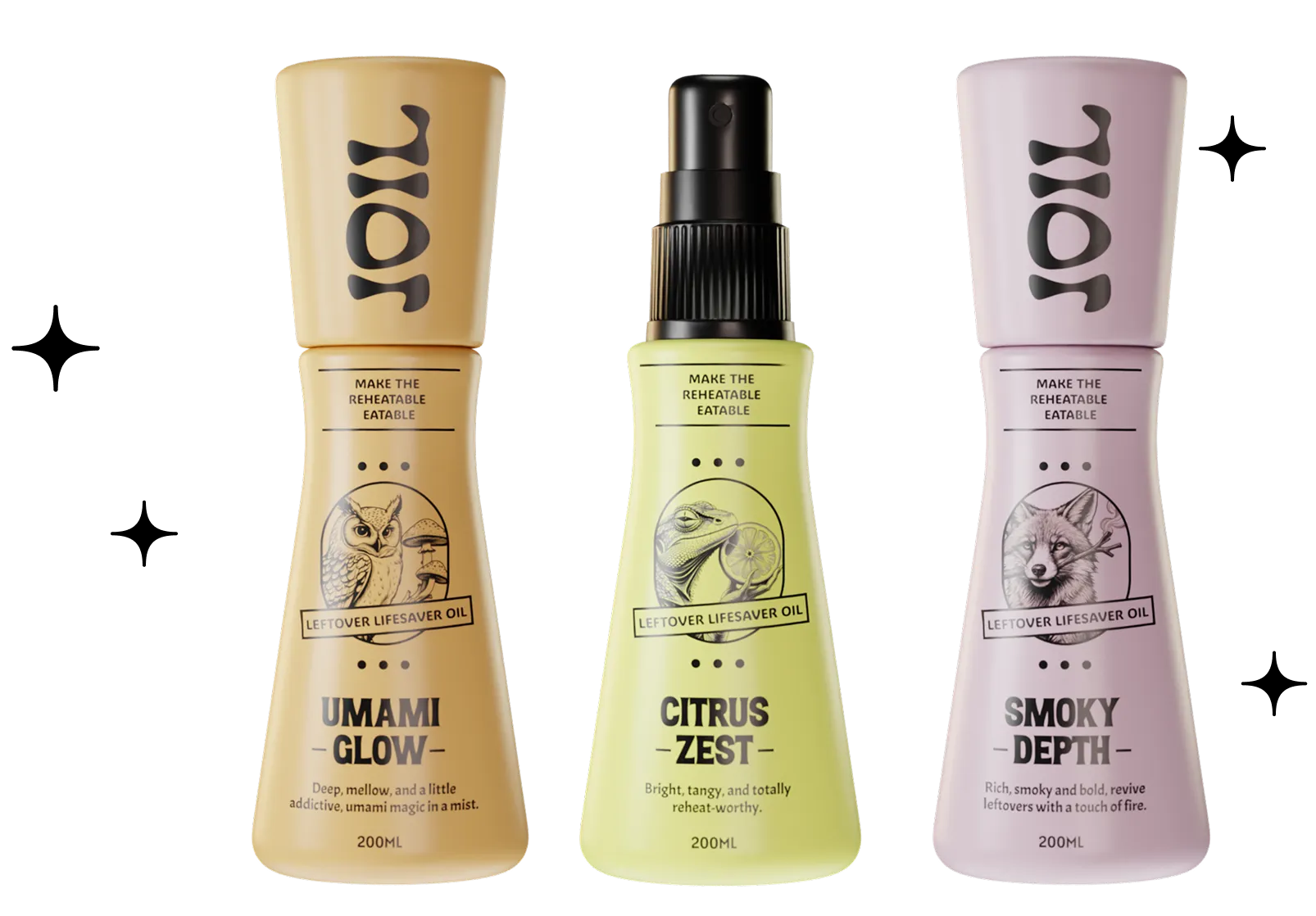 Three distinct bottles of JOIL leftover oils: Umami Glow, Citrus Zest, and Smoky Depth, each featuring vibrant labels and unique flavors.